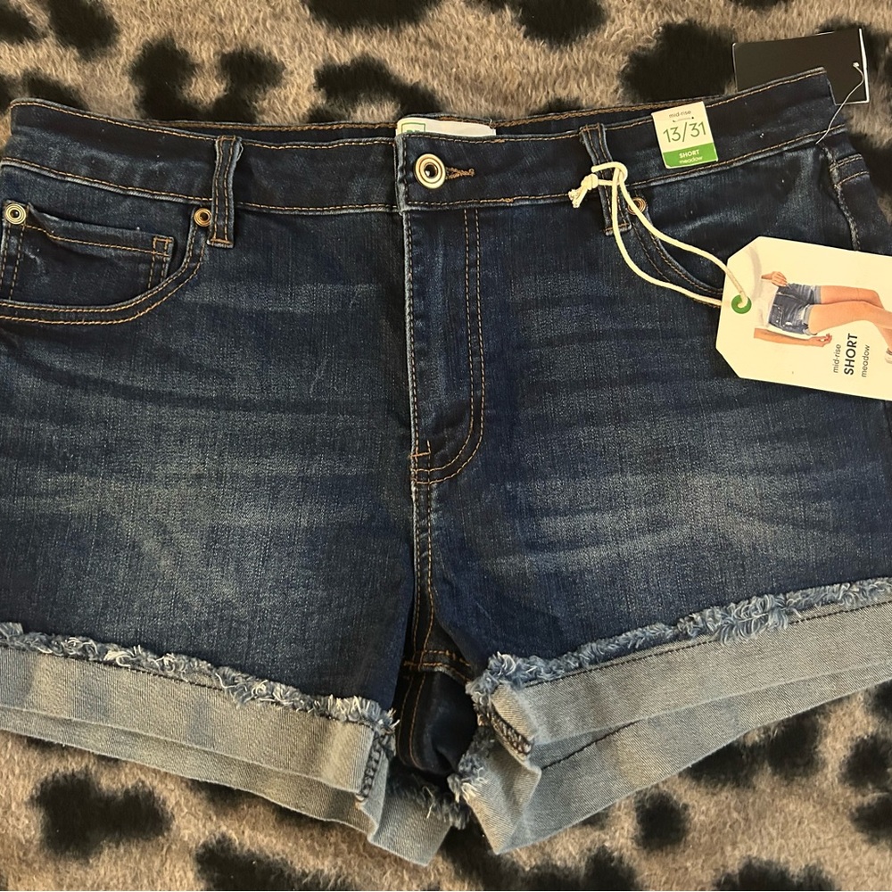 Dark Blue Frayed Hem Denim Shorts